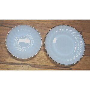 2 pc Fire-king Anchor Hocking side plate, saucer milk glass gold trim USA made